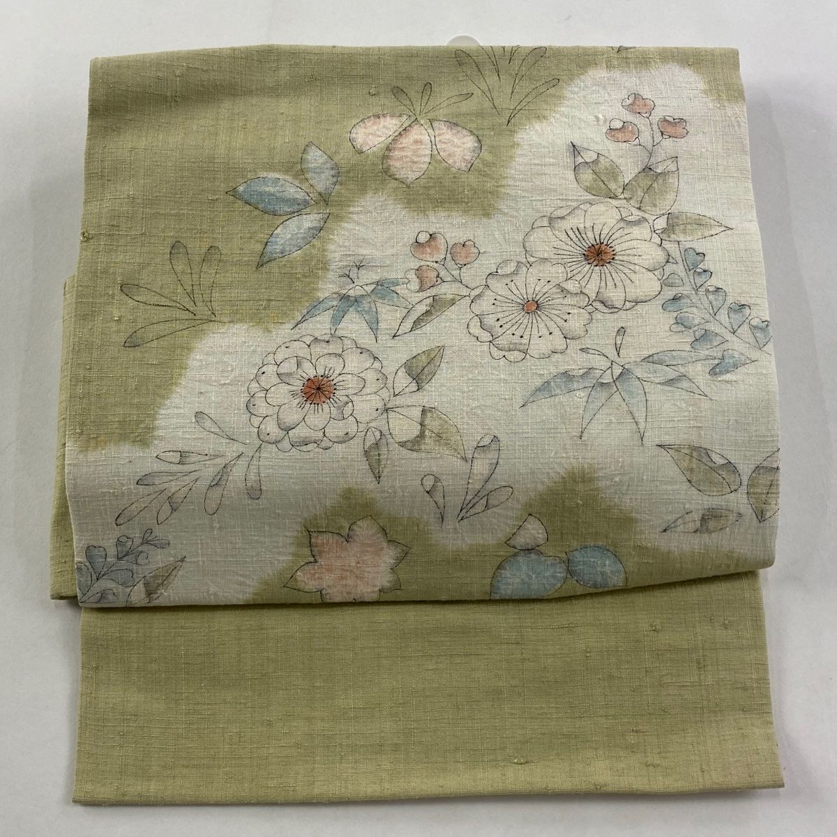 付け帯 秀品 作り帯 紬地 草花 霞 灰緑 正絹