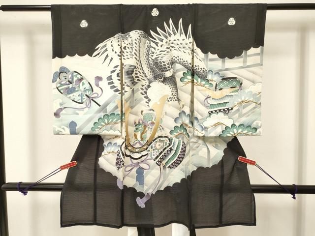 平和屋着物＊夏物 お宮参り 男の子 祝着 産着 初着 のしめ 絽 鷹 鷲 龍 兜 渡橋松文 銀彩 DAAW2930ma