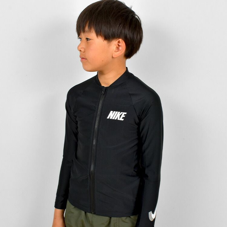 ラッシュガード NIKE ナイキ キッズ 男の子 長袖 子供 フードなし 130 140 150 160cm NESSD829 N001 黒 ブラック  3Dスウッシュ長袖ジップハイドロガード ジップアップ 水着 UVカット UPF40+ 速乾 紫外線対策 メルカリ