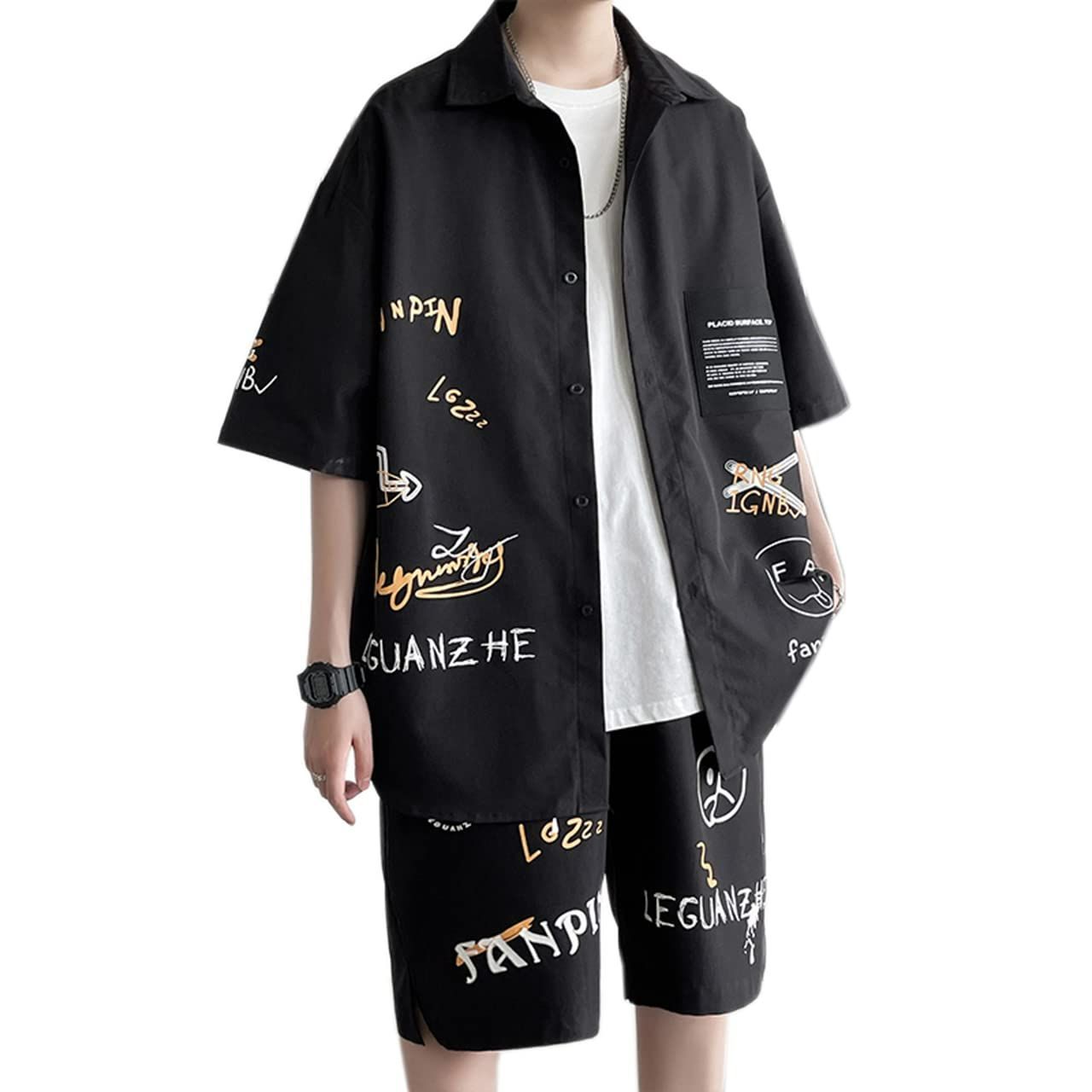 XL_ブラック [ANGELCITY] 夏 セットアップ メンズ 半袖Tシャツ ハーフパンツ 上下セット ジャージ Tシャツ ショットパンツ  2点セット 部屋着 夏服 スポーツウェア ルームウェア 韓国 おしゃれ 大きいサイズ L223 (XL