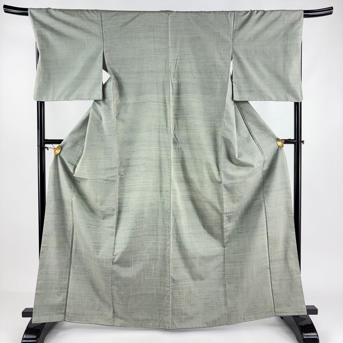 紬 身丈165cm 裄丈68.5cm L 袷 縞 灰緑 正絹 名品