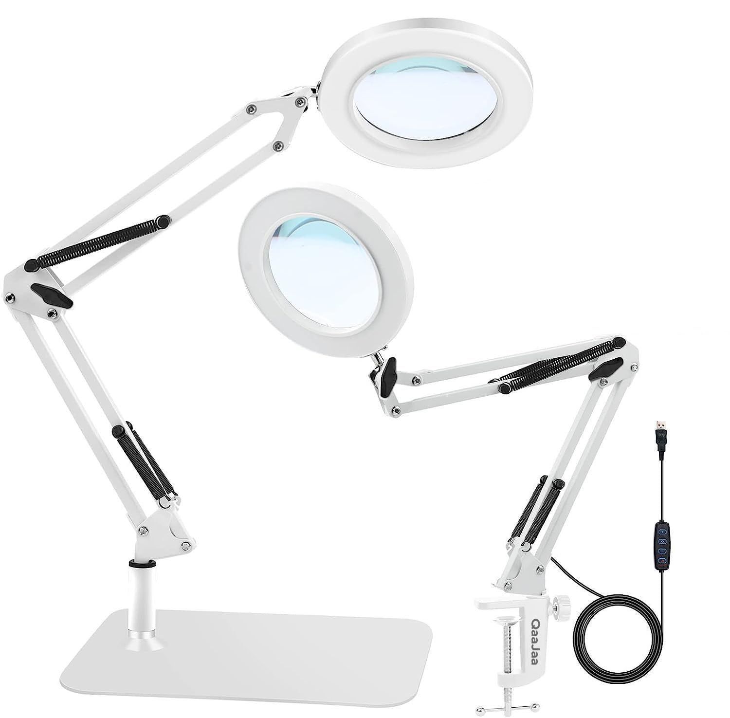 1台2役 QaaJaa 拡大鏡 スタンド ライト付き led ルーペ スタンド 卓上ルーペ 10倍の倍率拡大鏡を搭載 折りたたみ式 角度調整 無段階調光 3種色温度 USB給電 置き型 クリップ対応 目に優しい 多用途 ホワイト