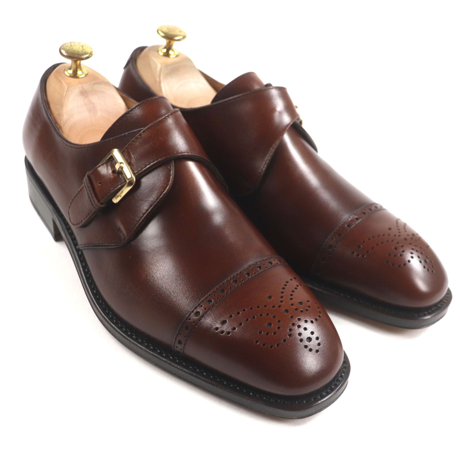 Salvatore Ferragamo サルヴァトーレフェラガモ TRAMEZZA トラメッザ モンクストラップ パンチドキャップトゥ メダリオン レザーシューズ ブラウン 8 EE イタリア製 メンズ