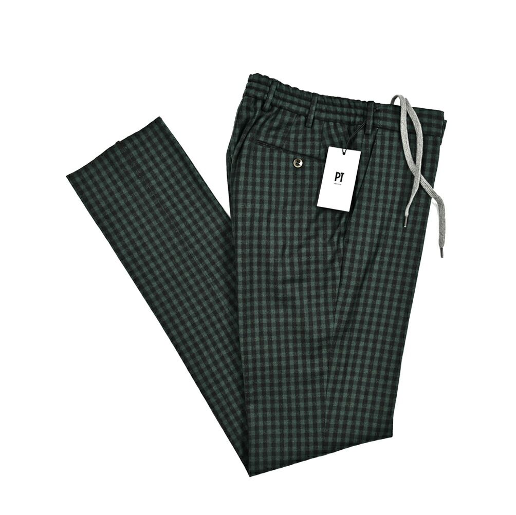 PT TORINO SLIM FIT スリムフィット スラックス ノータック ドローコード パンツ 秋冬 メンズ ヴァージンウール コットン ギンガムチェック グリーン  PT01 414995
