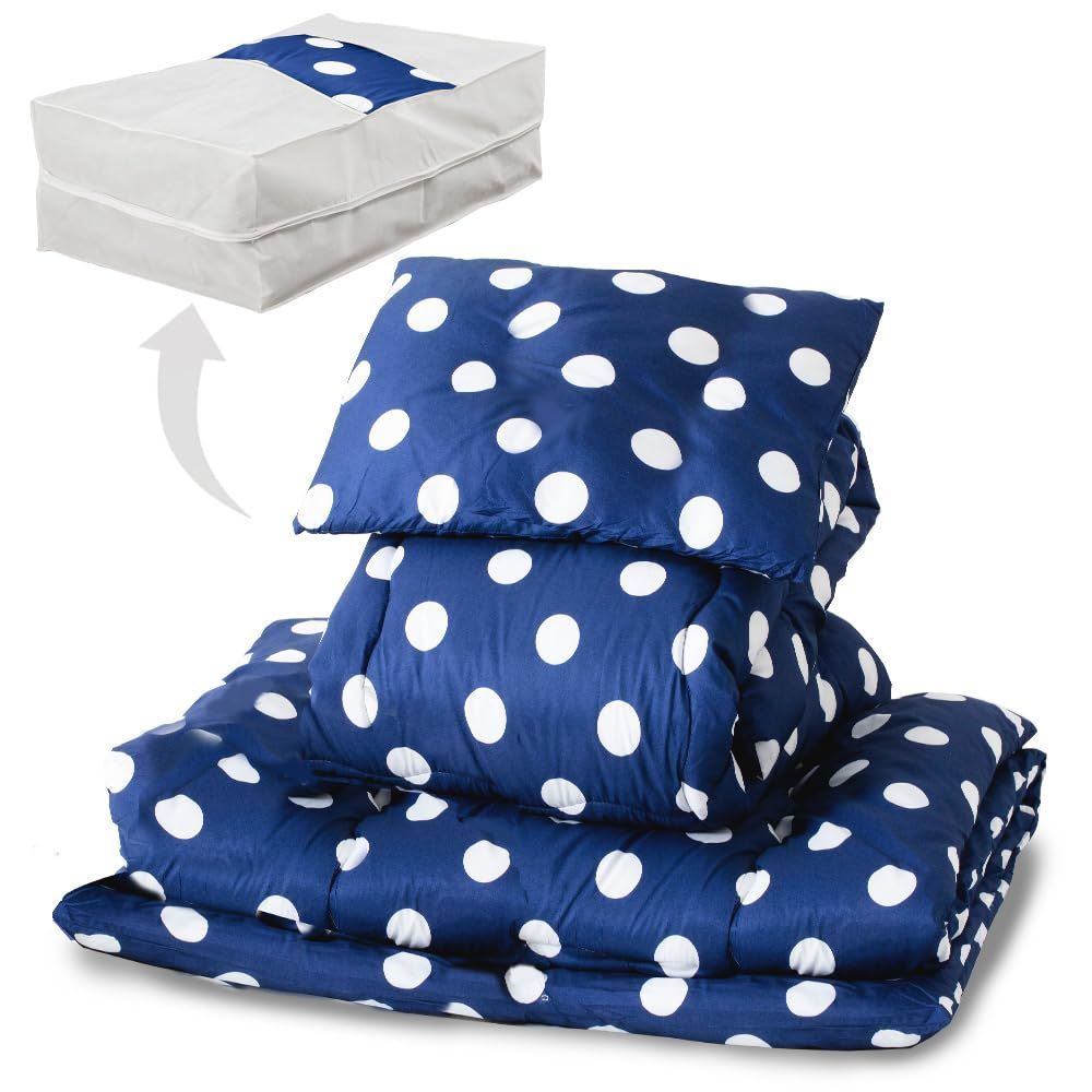 Color 水玉 ネイビー_Size シングル_Style 抗菌防臭タイプ アイリスプラザ -洗える布団4点セット シングル 抗菌防臭 すっきり収納ケース付き しっとりなめらかピーチスキン加工 掛け布団 敷布団 枕 ドットネイビー