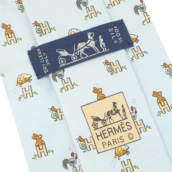 エルメス HERMES ネクタイ アニマル柄 9cm シルク ライトブルー×マルチ