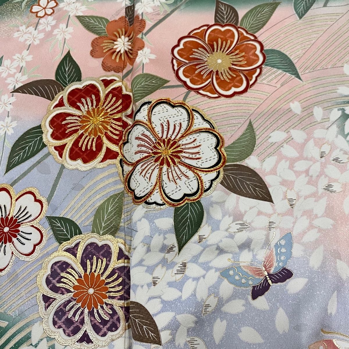 振袖 身丈172cm 裄丈68.5cm L 袷 蝶 桜 金糸 金銀彩 緑 正絹