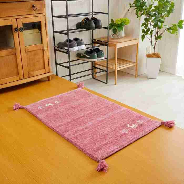 玄関マット 室内 50x80cm ミニラグ ホノカ 6色対応 玄関 ラグ おしゃれ 屋内 ウール100％ ラグマット ウールラグ 長方形 ギャッベ 手織り 防炎 オールシーズン シンプル 50×80cm ホノカ ピンク ギャベ