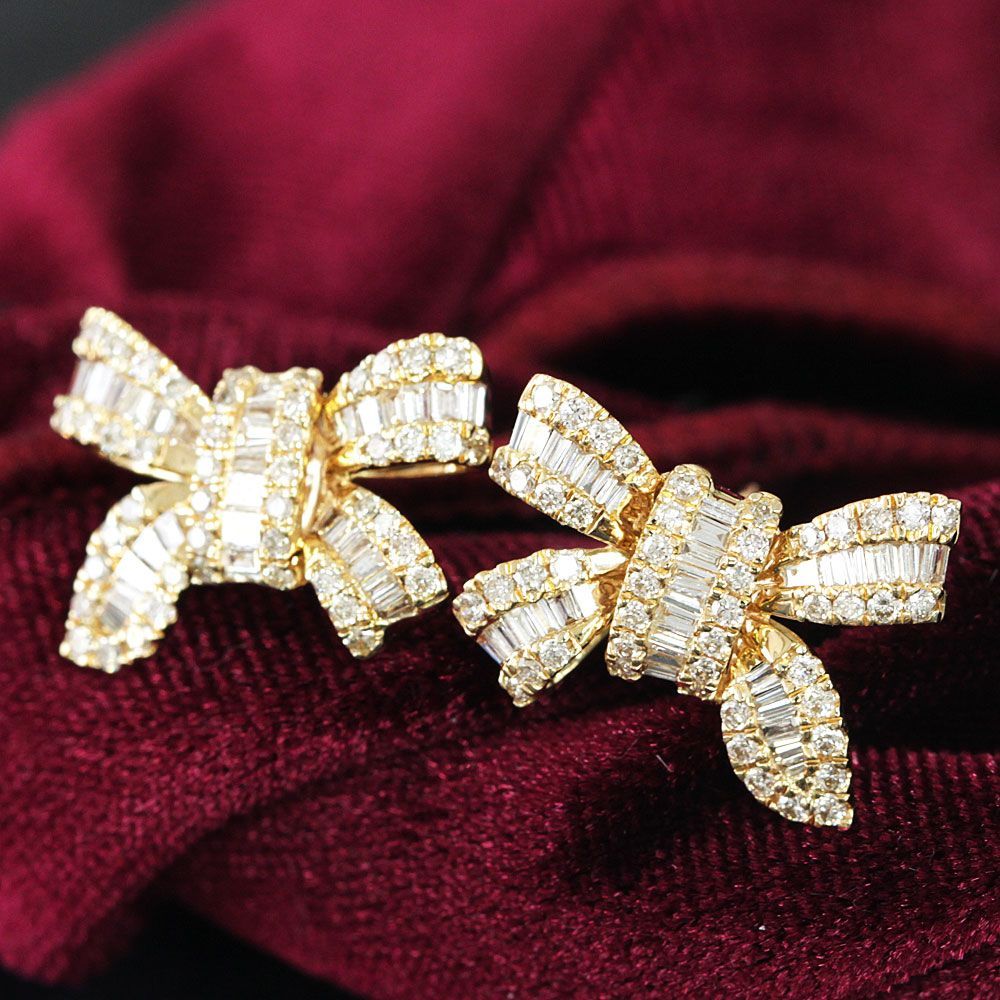 可愛い！人気のリボン 1ct ダイヤモンド K18 yg ピアス 鑑別書付き 可愛い！人気のリボン 1ct ダイヤモンド K18 yg ピアス 鑑別書