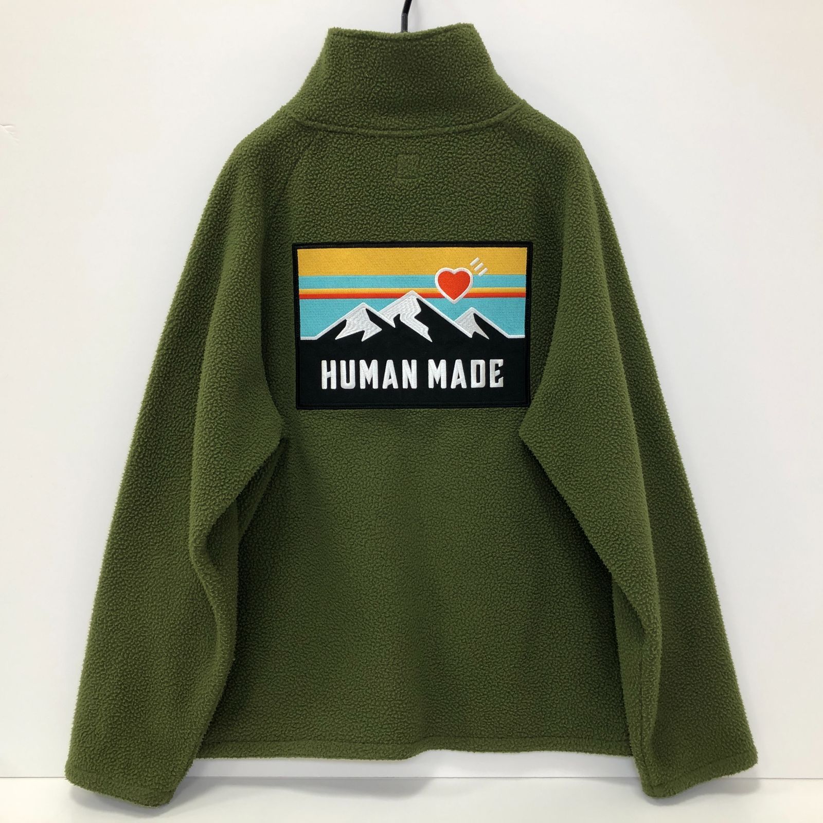 07m0790★ HUMAN MADE ヒューマンメイド ボアスタンドブルゾン バックロゴ フリースジャケット カーキ グリーン イエロー 古着  Lサイズ【USED】