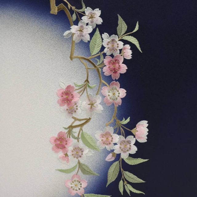 アウトレット品 インテリア 屏風単品 15号 丸紺枝桜刺繍 二曲屏風 飾り