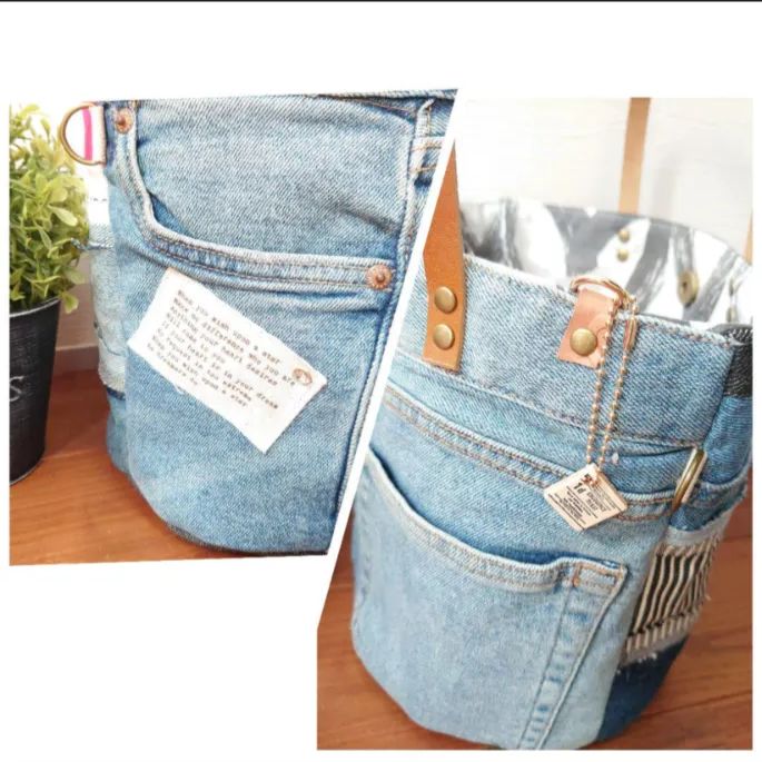 No.313【DENIM✖️パッチワーク丸底マルシェBAG❤️】レザーハンドル