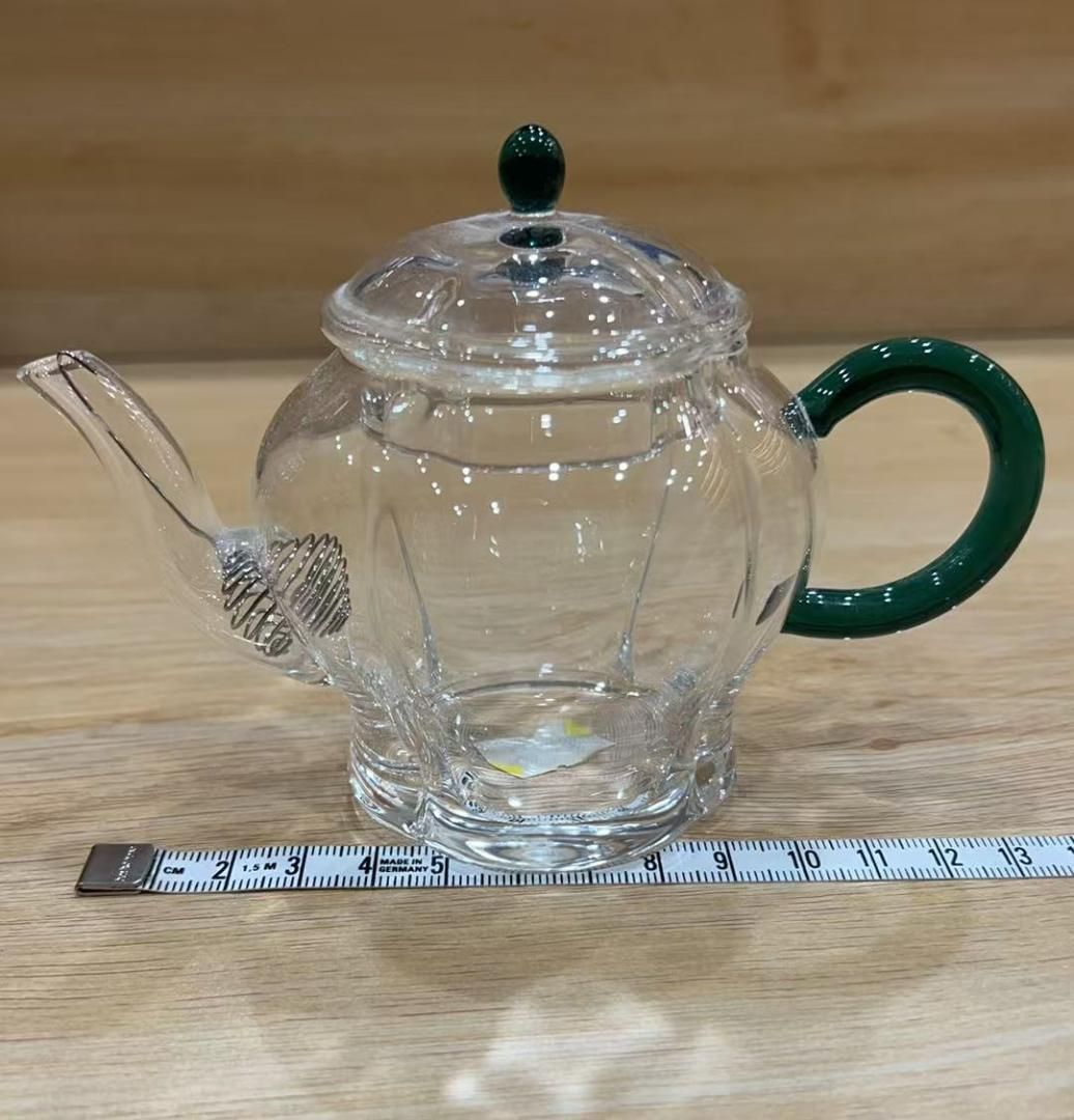 ガラス製 丸型ポット 緑色ハンドル