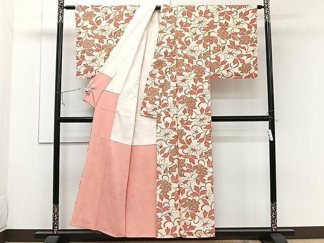 平和屋着物▽上質な小紋 単衣 型染め 更紗花文 正絹 逸品