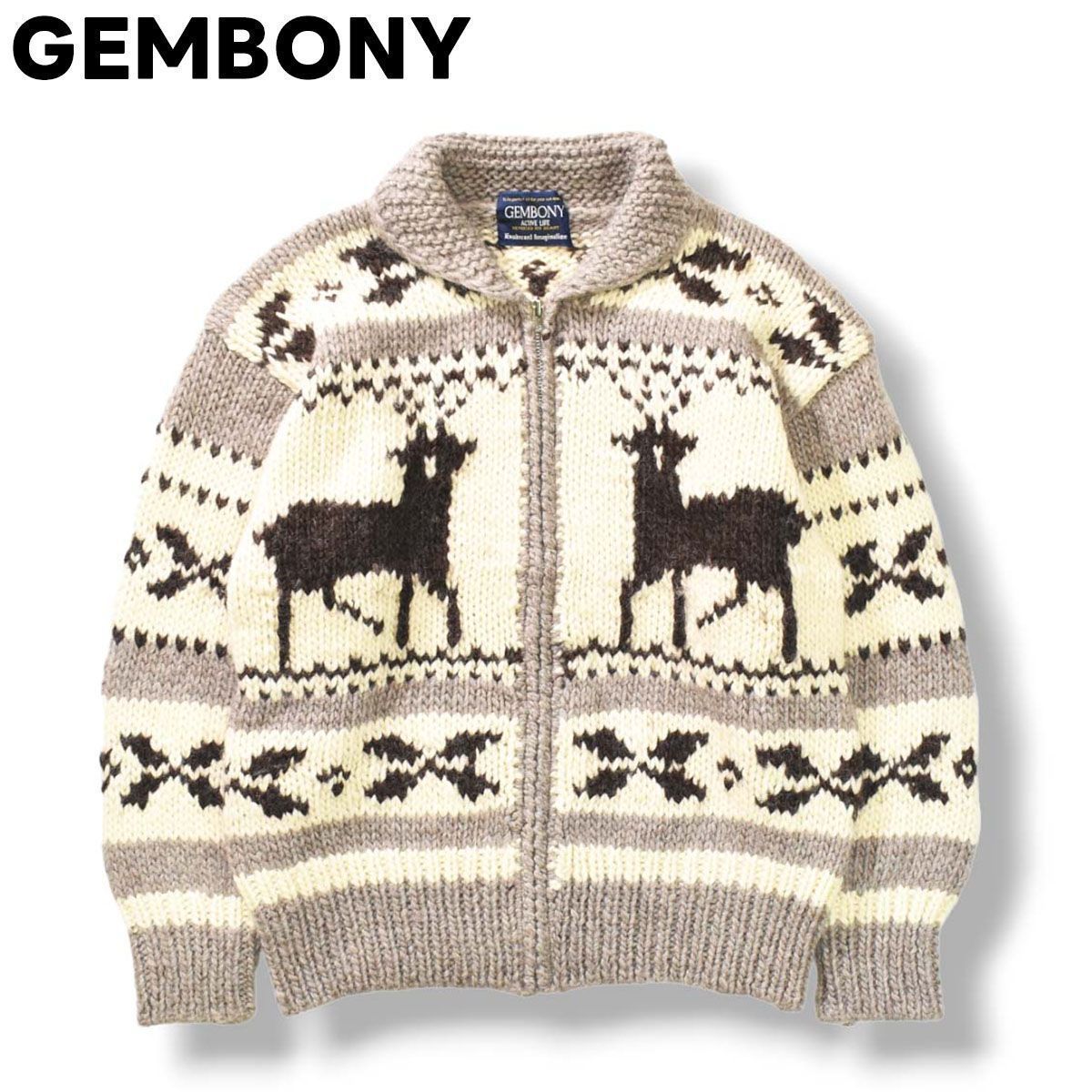 【雰囲気良】 古着 ジェムボニー GEMBONY 鹿柄 ジップアップ カウチン ニット セーター M メンズ