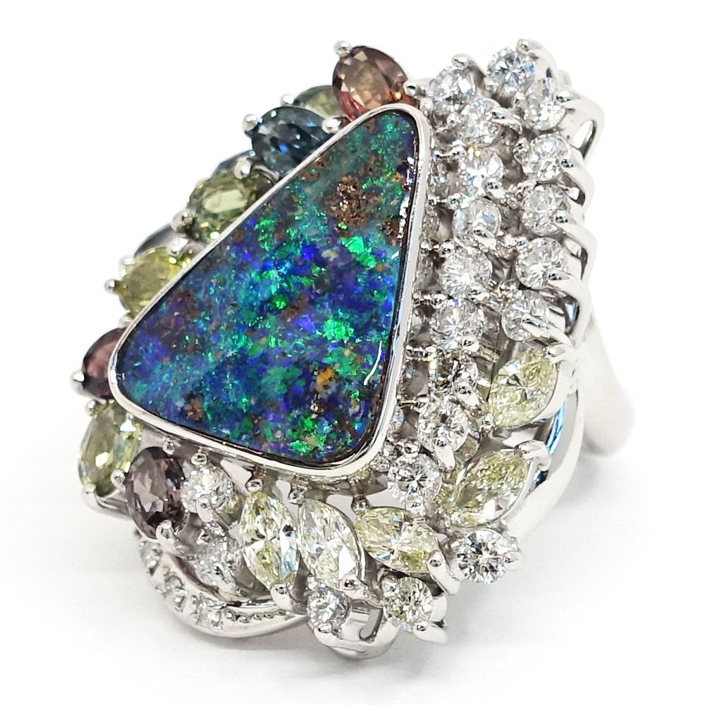 K18/Pt900 ボルダーオパール/ダイヤ リング 11.5号[g609-1］ ボルダー