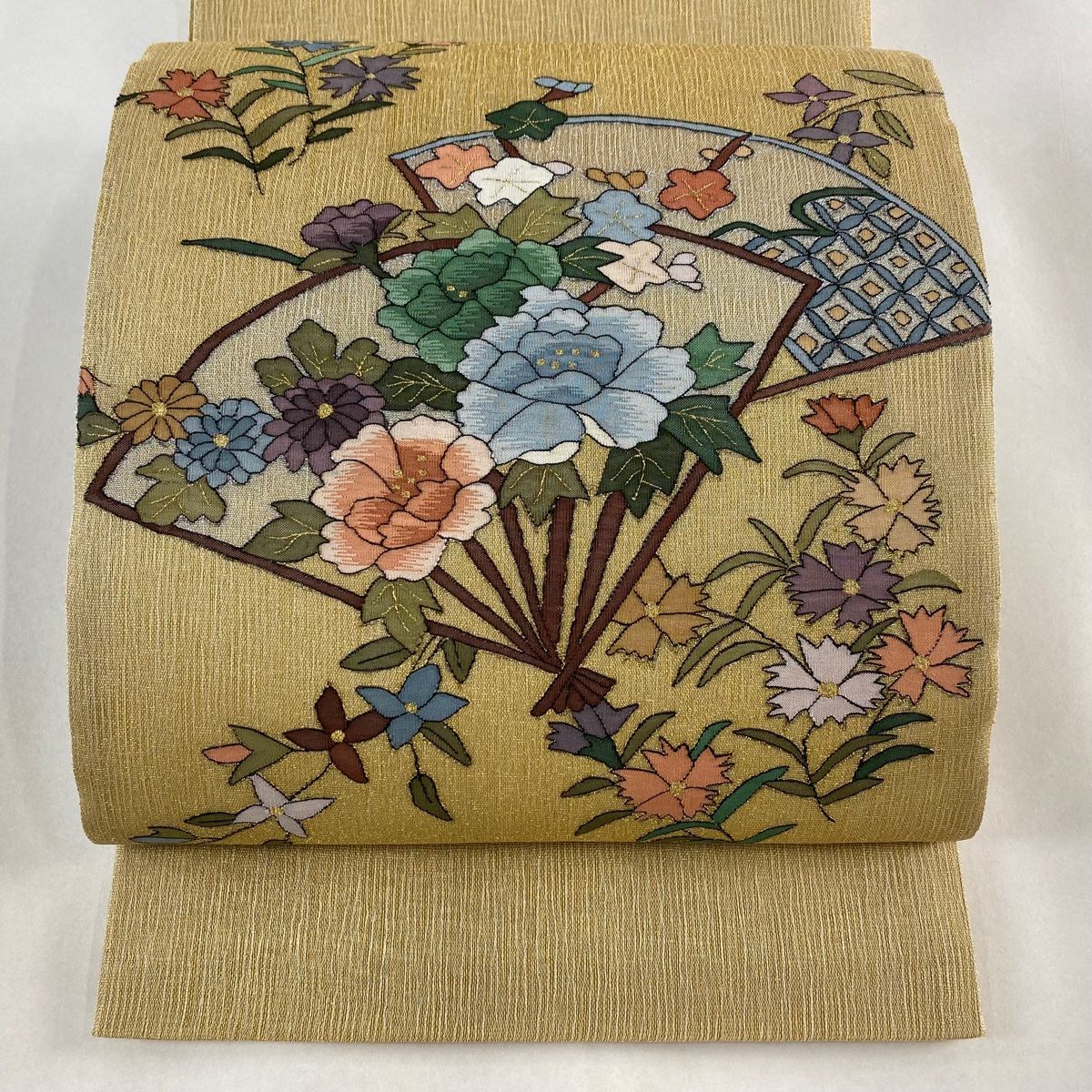 袋帯 秀品 関西仕立て 華文 汕頭刺繍 銀糸 灰白 お太鼓柄 正絹 【中古