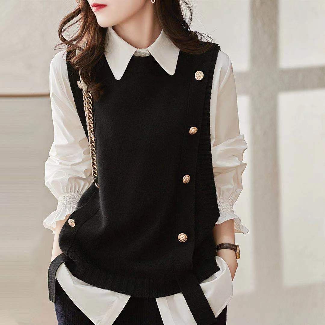 トップス ニット ベスト 幾何学模様 重ね着 デザイン プルオーバー 美ライン Ｖネック セーター ニットベスト ショート ショート丈 スタイルアップ リラックス 重ね着風 2点セット ニットベスト シャツ レディース ニット トップス