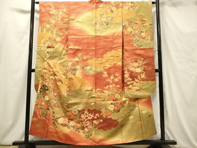 振袖 オンワードお誂え 正絹 乱菊 金駒刺繍 菱紋 広衿 袷 着物T-2457 平和屋着物□豪華振袖 駒刺繍 御所車花文 暈し染め 金彩 正絹