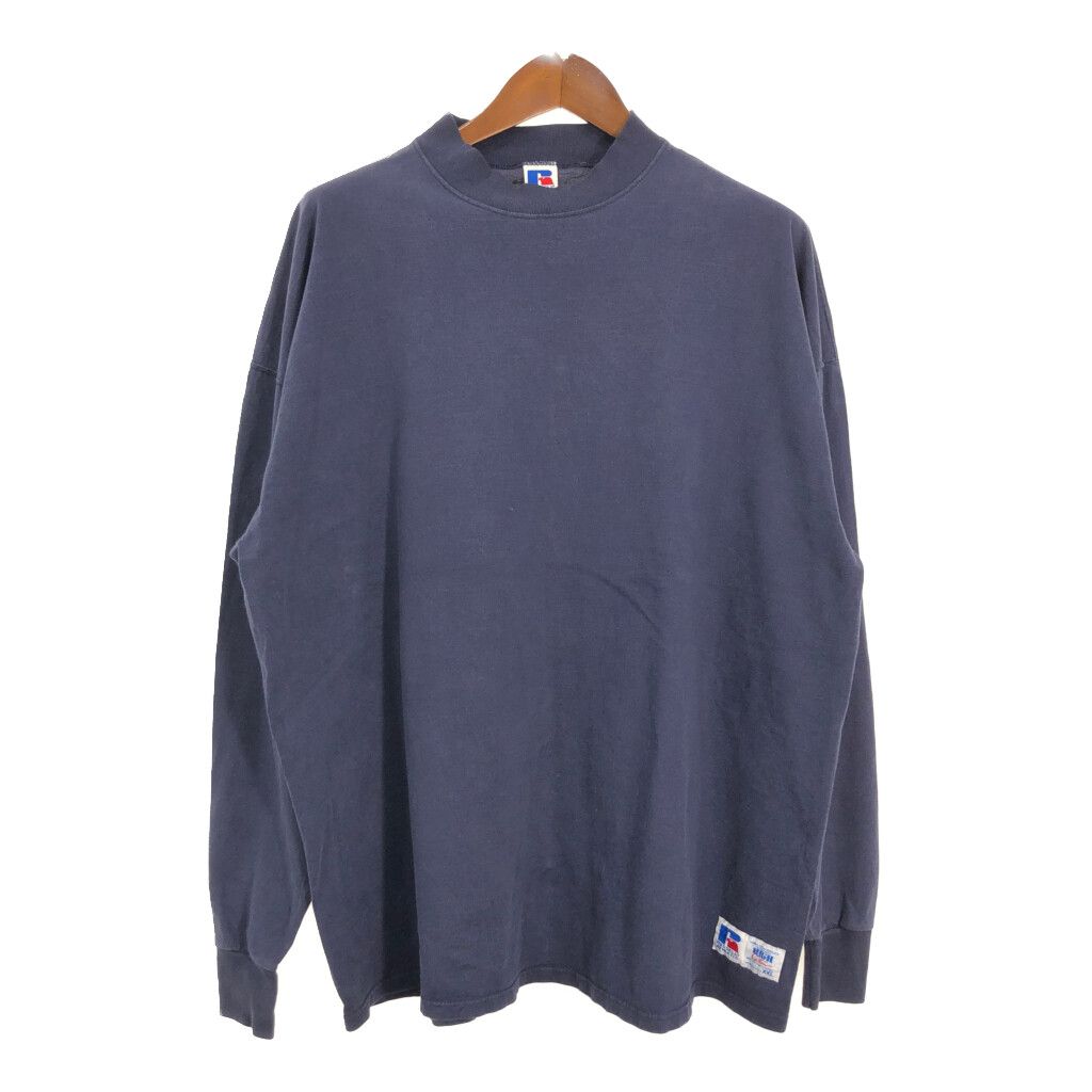 90年代 USA製 RUSSELL ATHLETIC ラッセル ハイネック 長袖Ｔシャツ 大きいサイズ 無地 ネイビー (メンズ XXL) 中古 古着 R2554