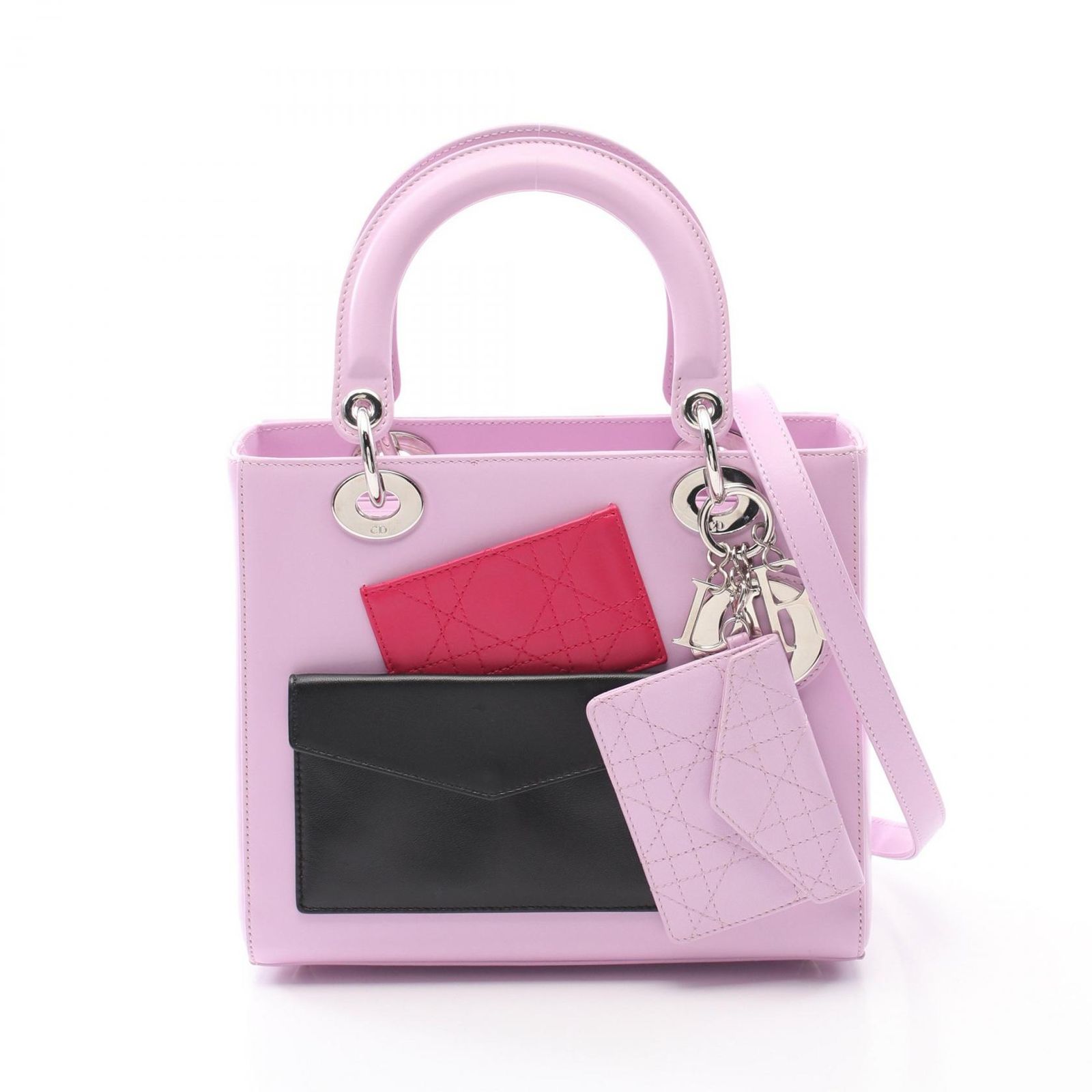 ディオール Dior ハンドバッグ LADY DIOR レディディオール ミディアム ピンク|ブラック レザー レディディオール 2wayトート レディース Used A