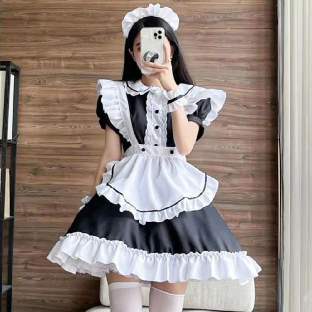 可愛いメイド服 ホワイト&ブラック　ウィッグ付き 可愛いメイド服 ホワイト&ブラック ウィッグ付き