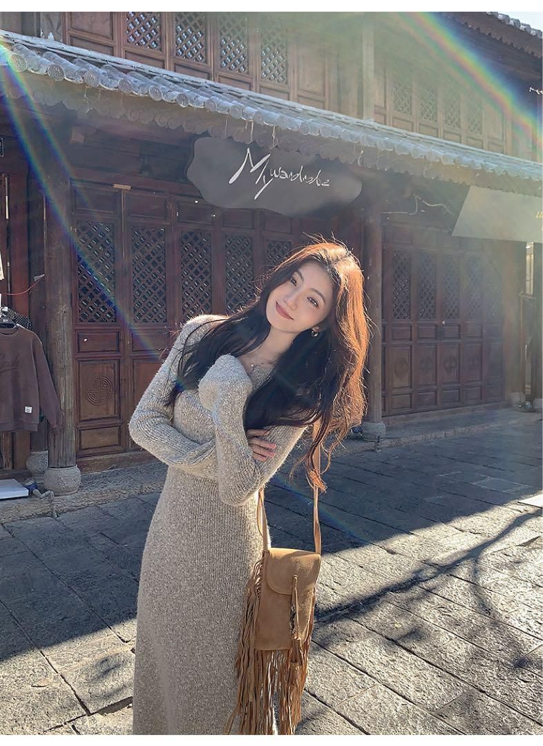 大人 春ニットロングワンピース