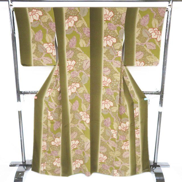 特選 小紋 着物 正絹 袷 多ち花 縮緬地 花模様 紗綾形 路考茶色 璃寛茶色 多色 身丈166cm 裄66cm L トール きもの北條 A1282-12