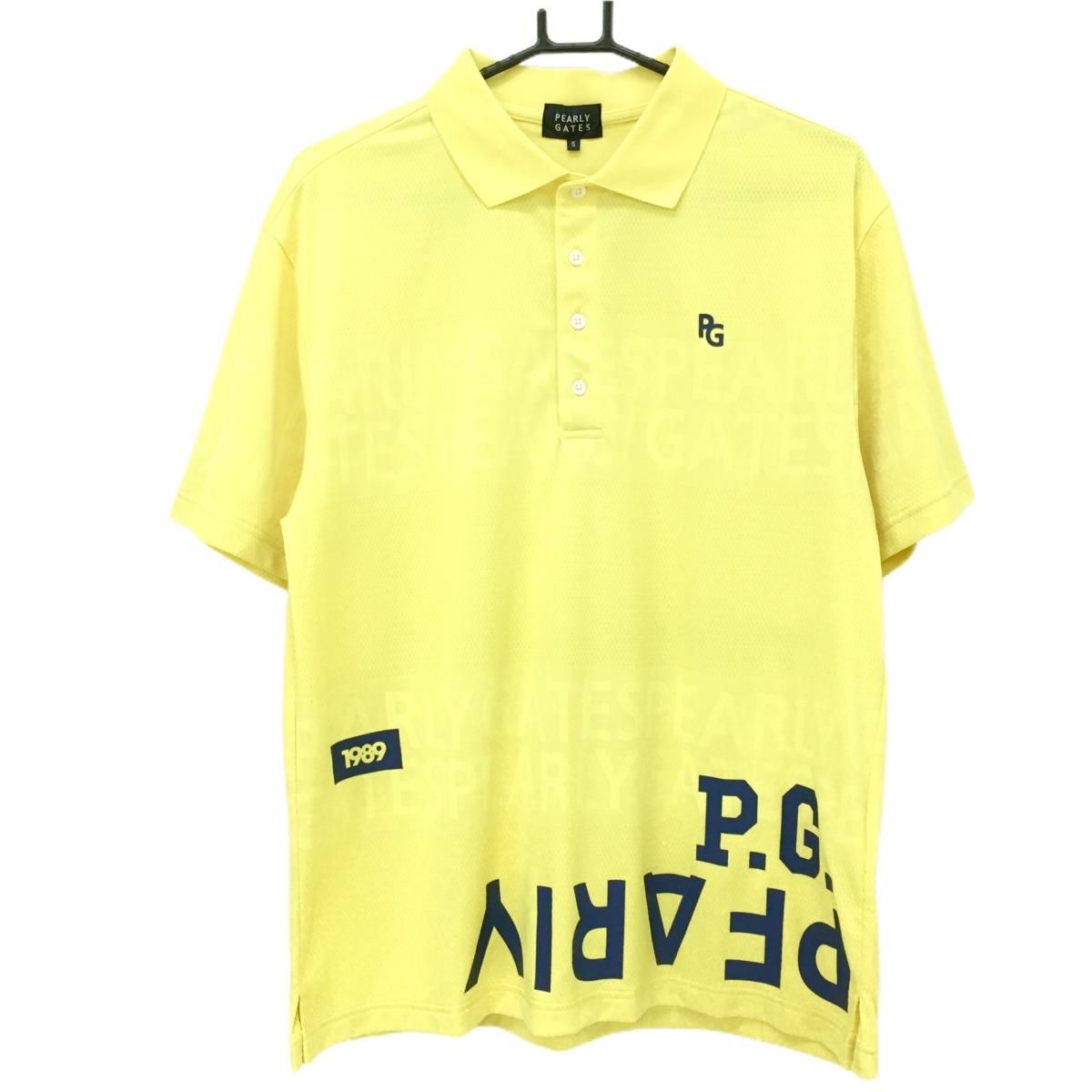 美品】パーリーゲイツ 半袖ポロシャツ イエロー 地模様 ロゴネイビー