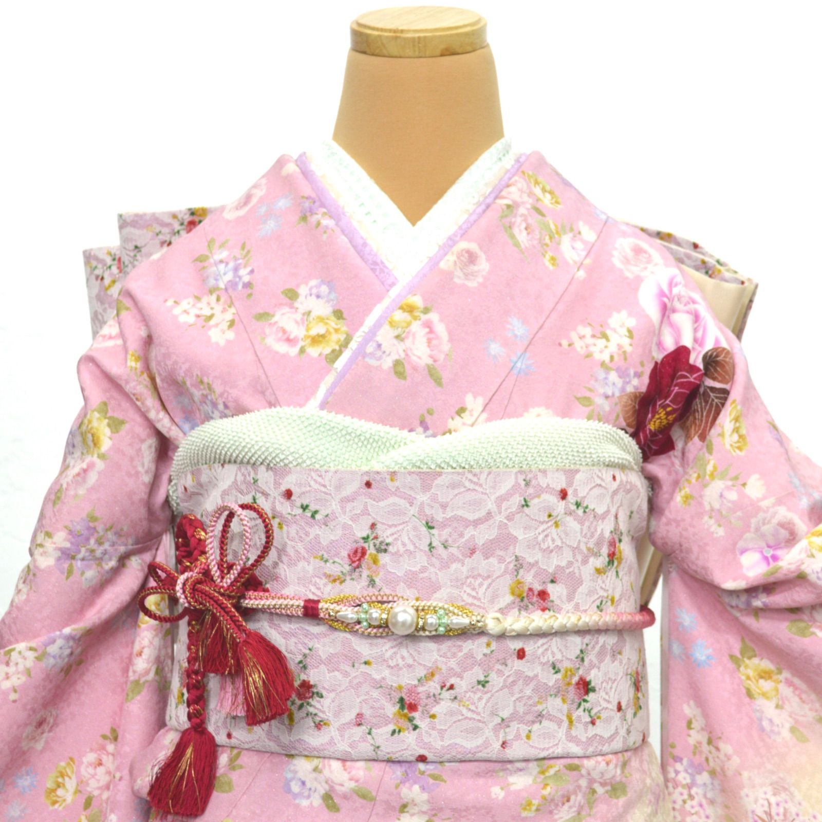 美品》正絹 振袖フルセット 成人式 M〜LLサイズ 薔薇 レース帯 上品 美 