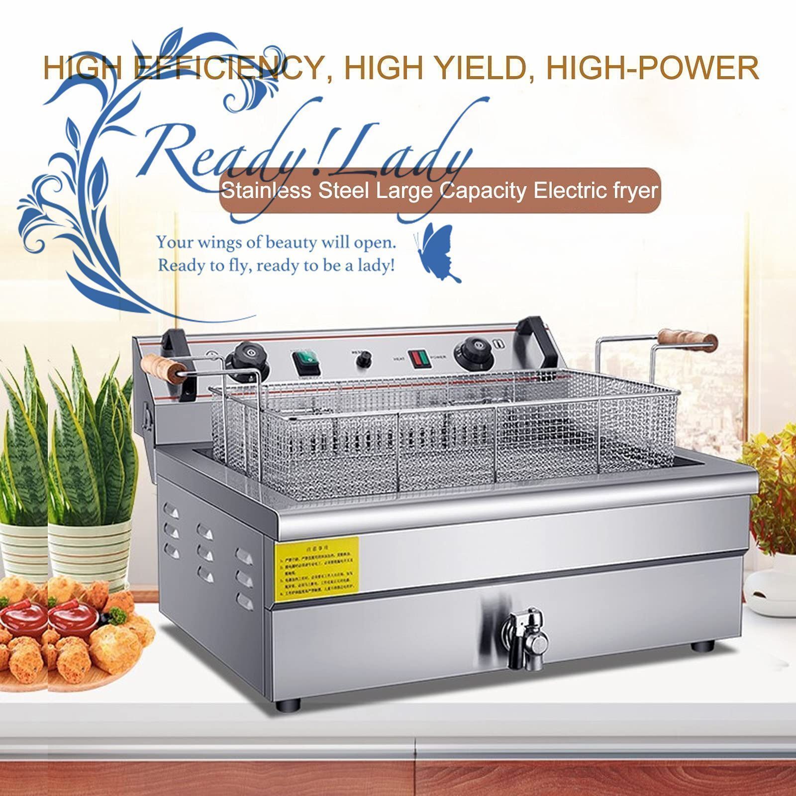 バスケットと蓋付きディープフライヤー 電気ディープフライヤーステンレススチールカウンタートップオイルフライヤー20 L