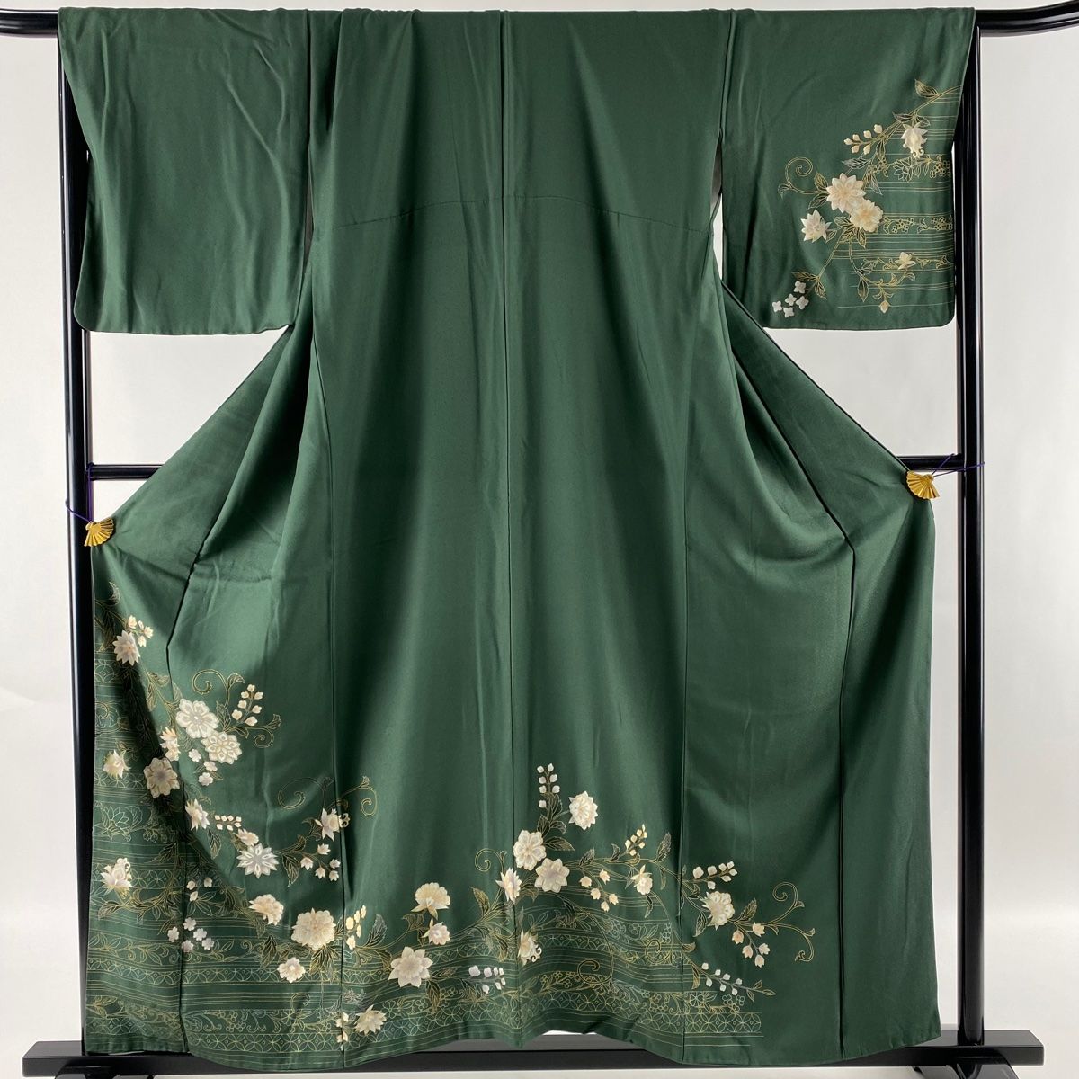 訪問着 身丈158.5cm 裄丈68cm L 袷 花唐草 金銀彩 深緑 正絹 美品 秀品