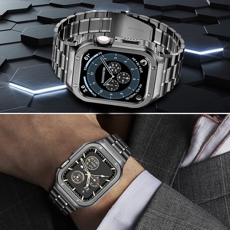 MioHHR ステンレススティール製バンド ケース互換性 Apple Watch Bands 46 mm 金属製保護バンパーカバー付き頑丈なストラップ iWatch シリーズ 10 11 男性用 スペースグレイ