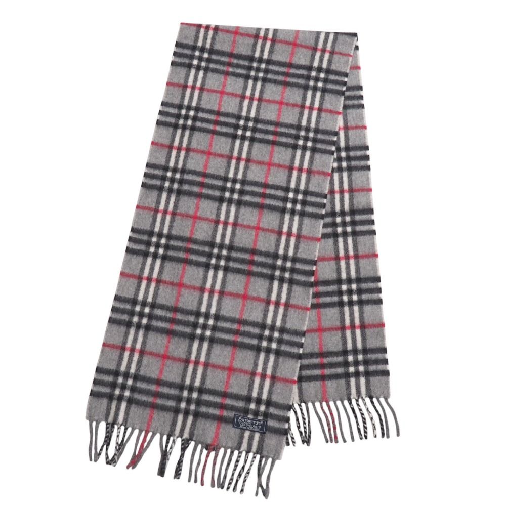 BURBERRY バーバリー マフラー 総カシミヤ ノバチェック フリンジ グレー イングランド製 ブランド古着 20250916|RA6118