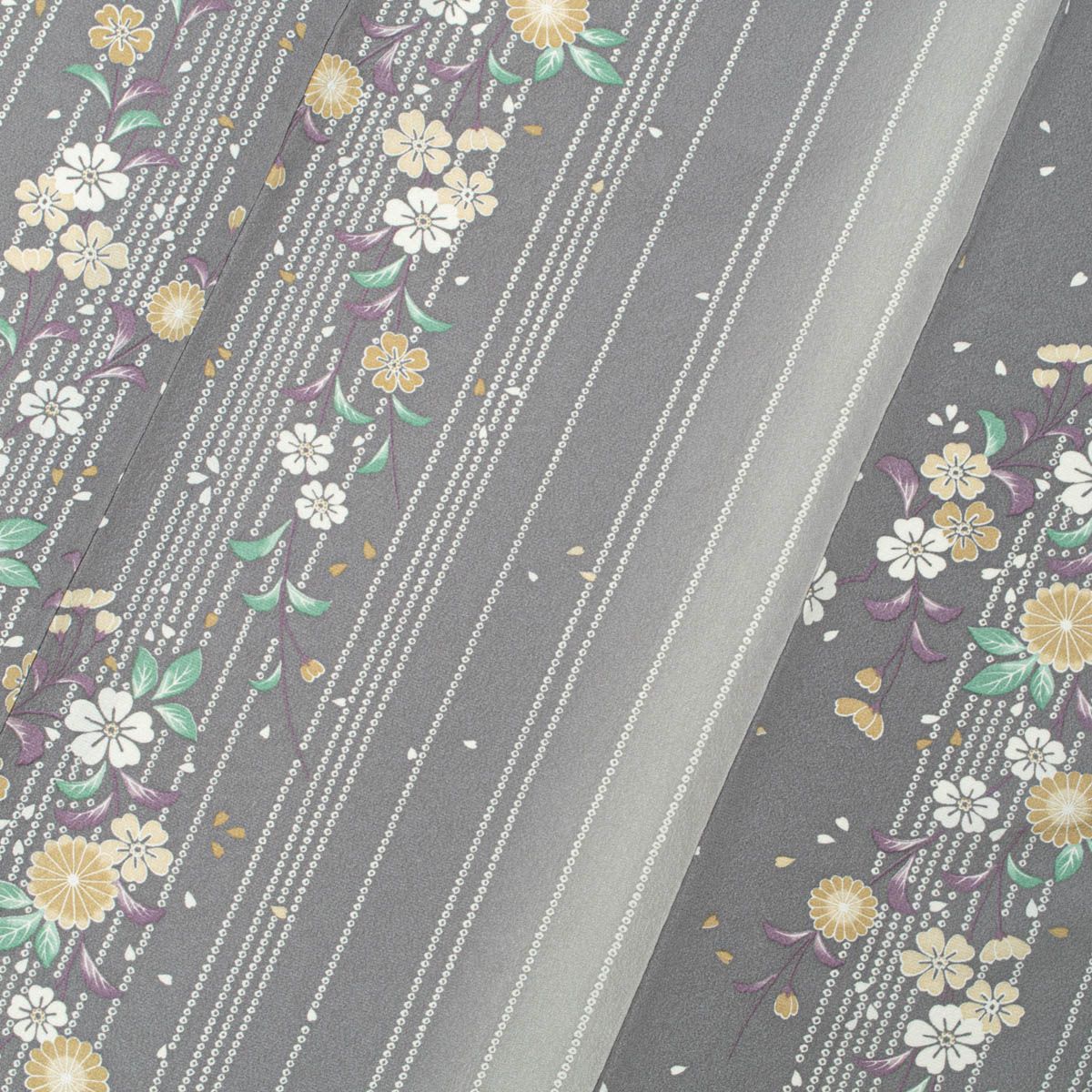 未使用品】小紋 単衣 友禅 疋田縞 枝垂れ桜 菊 縮緬 グレー 正絹
