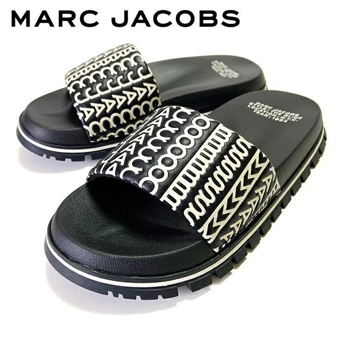 レディース サンダル ブラック × ホワイト MARC JACOBS マークジェイコブス THE MONOGRAM SLIDE M9002401 マークジェイコブスザモノグラムスライドサンダル mjl08