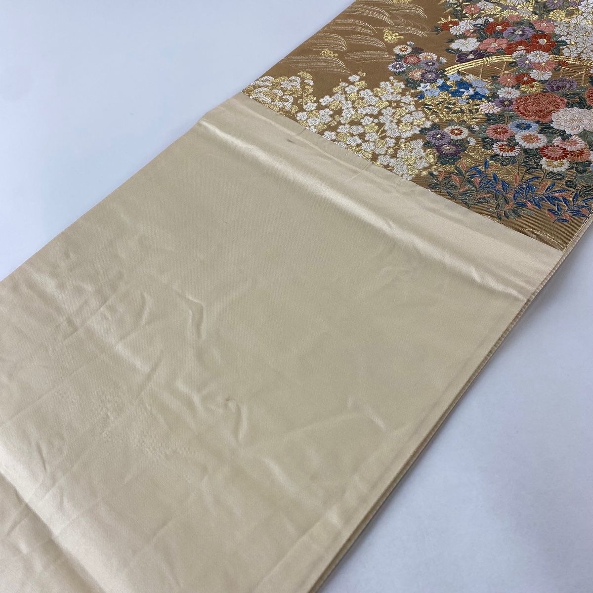 美品 袋帯 夏帯 夏 絽 アイボリー 葉文 観世水 金糸 銀糸長さ4ｍ29㎝正絹 美品 袋帯 夏帯 夏 絽 アイボリー 葉文 観世水 金糸 銀糸長さ