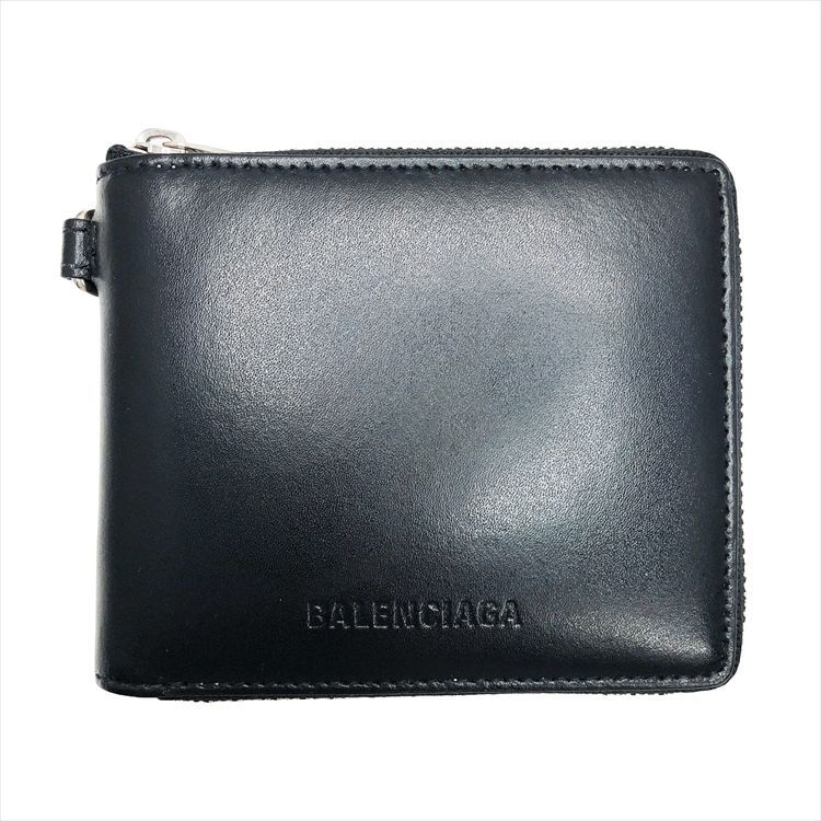 BALENCIAGA バレンシアガ ESSENTIAL SMALL WALLET WITH STRAP エッセンシャル ロゴ スモール ネックストラップ付 ラウンドファスナー コンパクトウォレット ミニウォレット ミニ財布 2つ折り財布 ブラック 664043