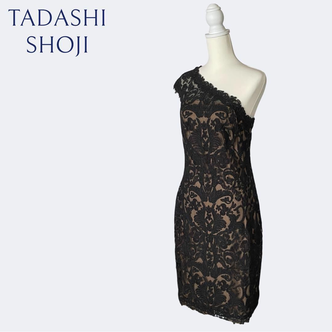 新品◇TADASHI SHOJI タダシショージ 上品ブラックお花刺繍の総レース 