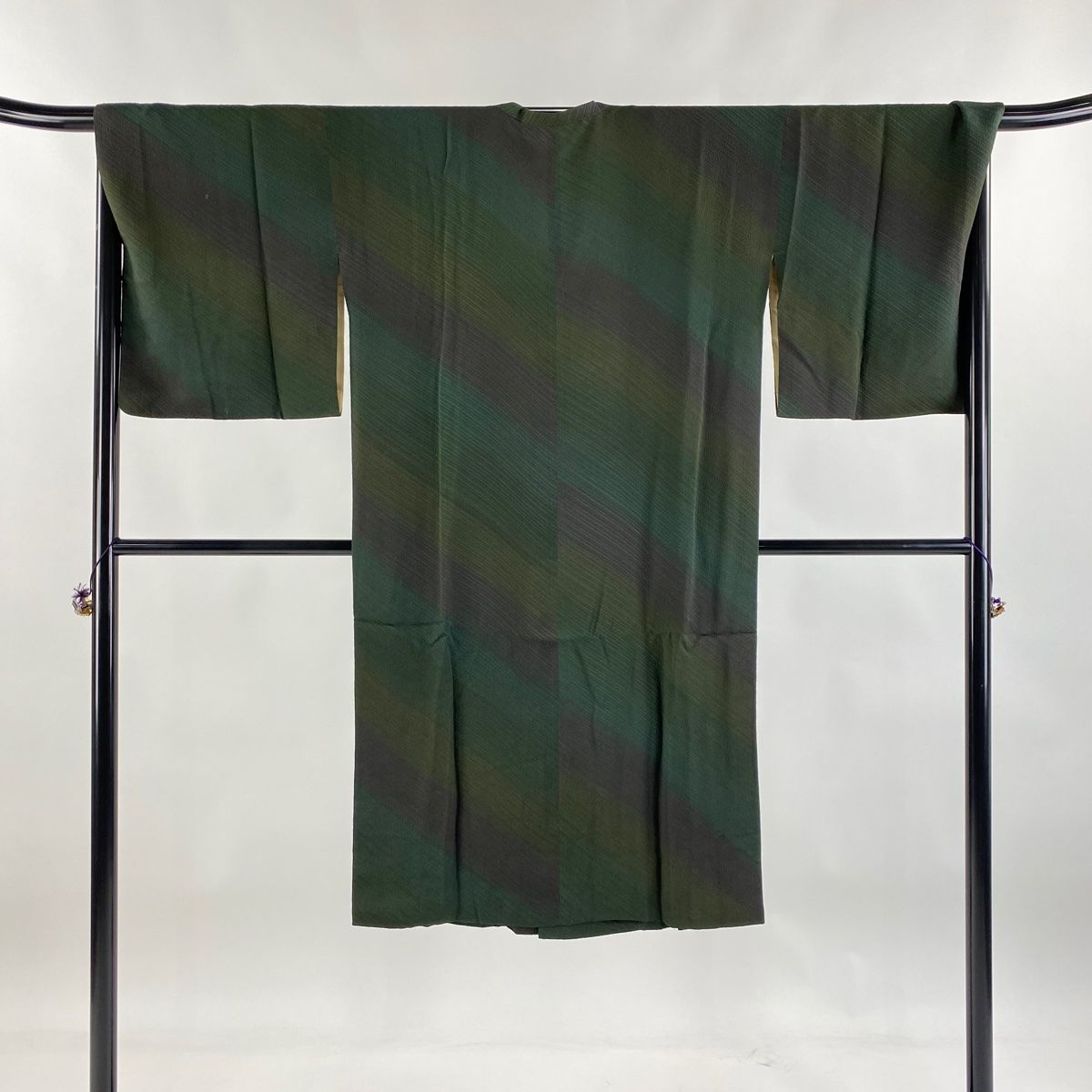 道行 身丈124cm 裄丈69cm L 和装コート 角衿 斜縞 ぼかし 深緑 正絹