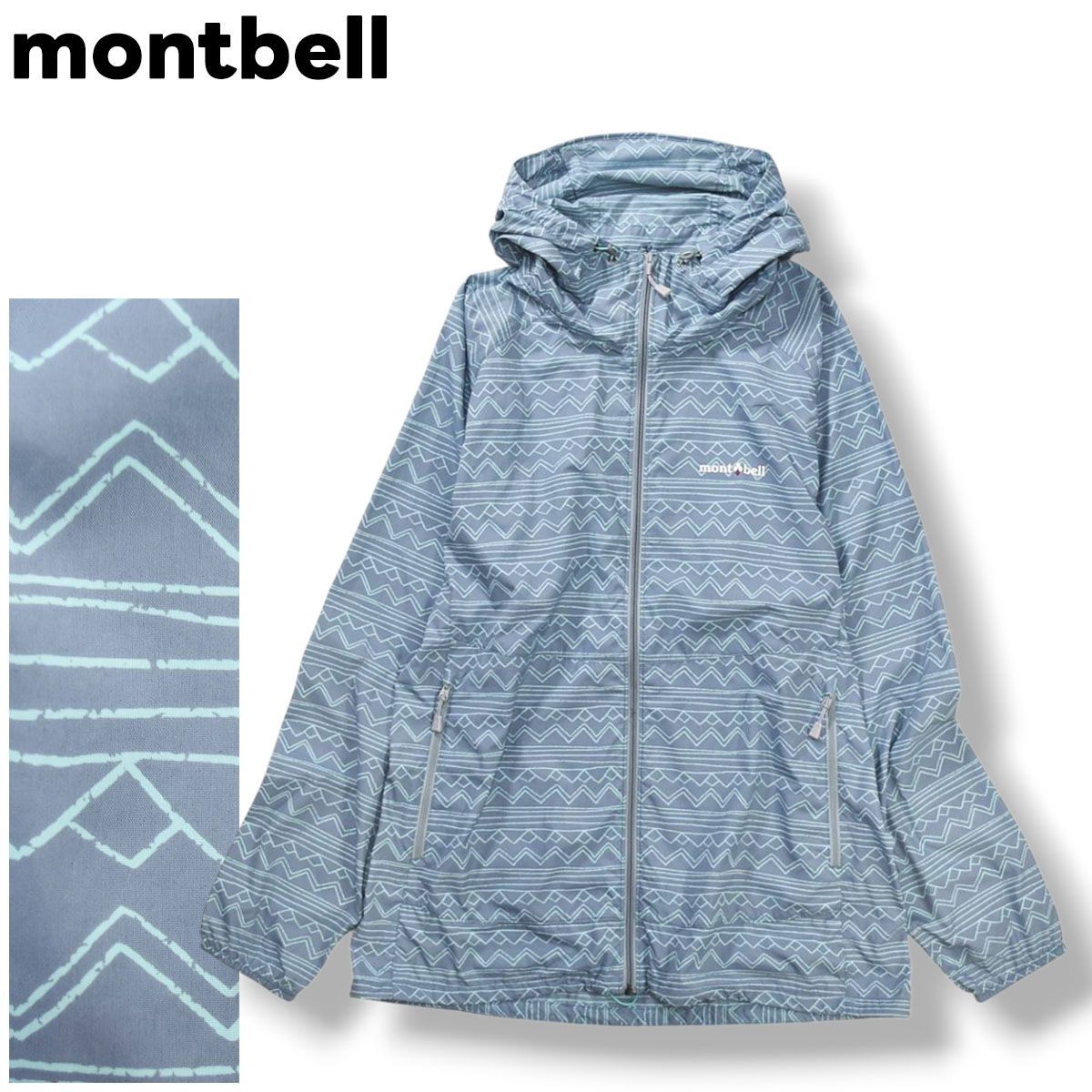 モンベル montbell ウィンド ブラスト プリント パーカー ナイロン ジャケット ジップアップ ラグランスリーブ 裏地 メッシュ XL 総柄 ライトブルー x グレー アウトドア ウェア レディース ♪