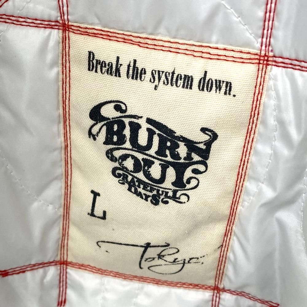 中古】BURNOUT 袖レザースタジャン サイズL グレー ホワイト バーン 