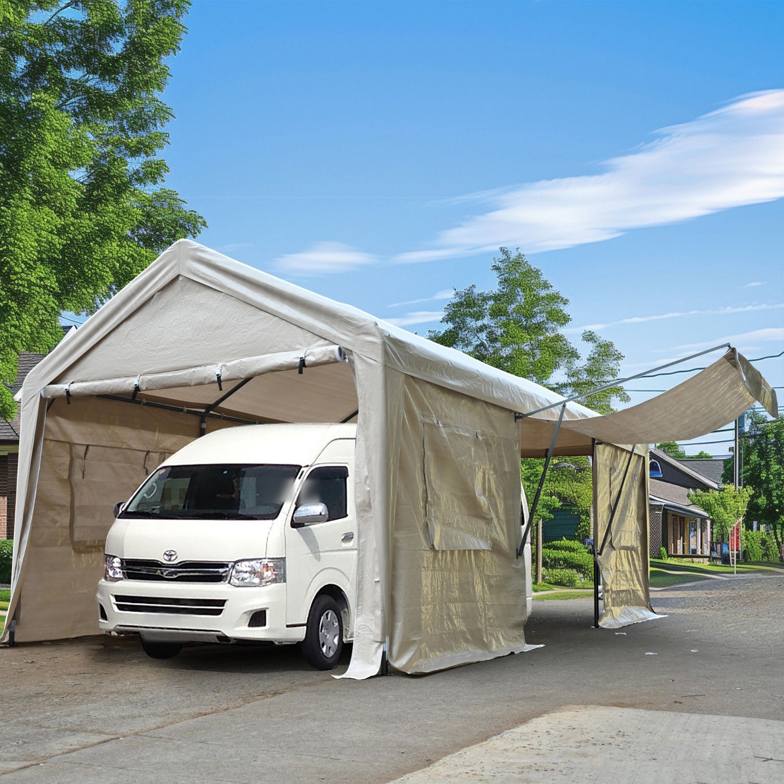 Donext ガレージテント 3×6m 上開きドア付き 車庫テント UV 防水 カバー カーポート 軽自動車用 大型 車 駐車 テント スチール製 頑丈 仮設倉庫 収納 タープテント ベージュ