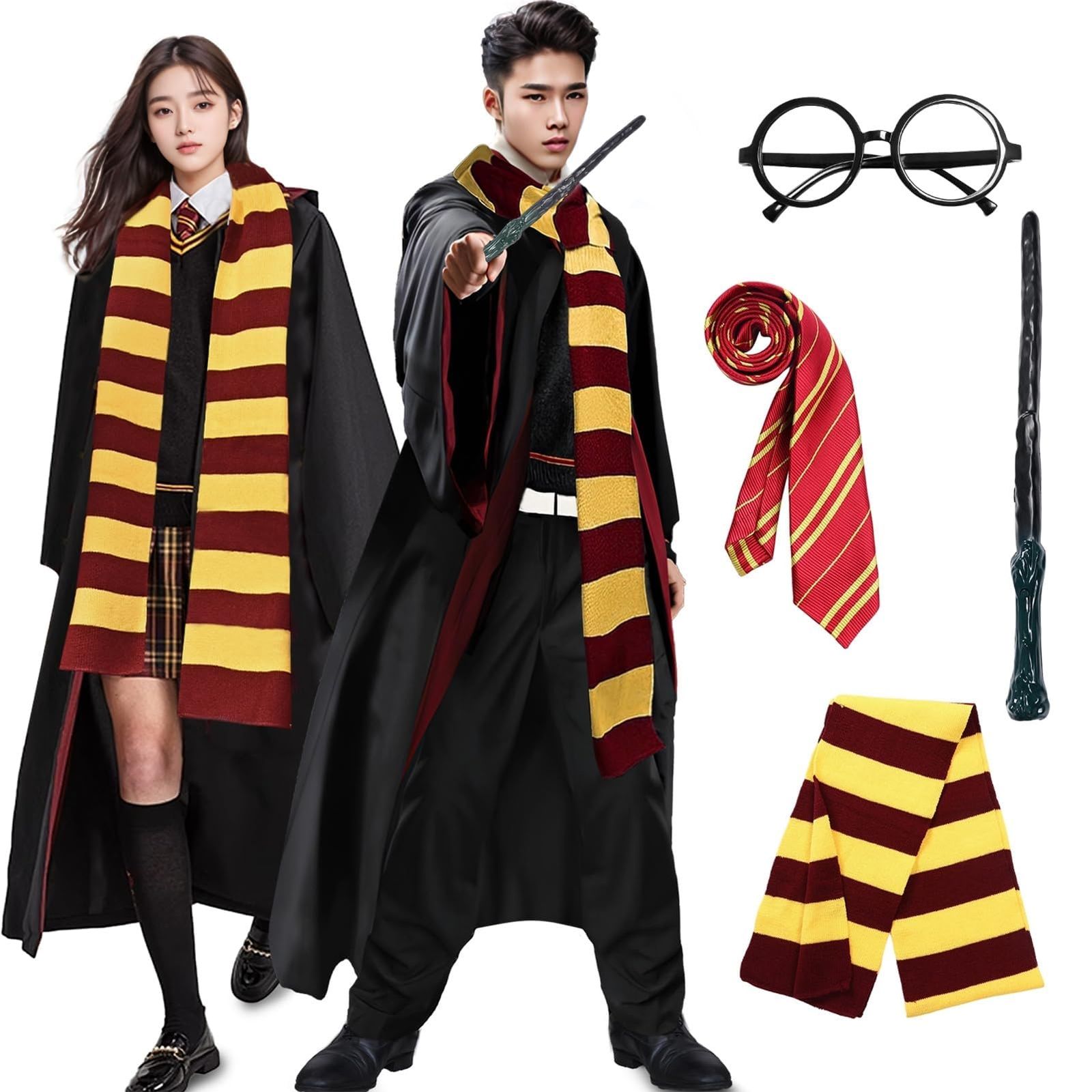 [Matreeglam] ハロウィン コスプレ マント 魔法 コスプレ 衣装 グリフィンドール ローブ 仮装 魔法 学校 制服 5点フルセット (ローブ＋ネクタイ＋スカーフ＋魔法の杖+メガネ） 小道具付き 男女兼