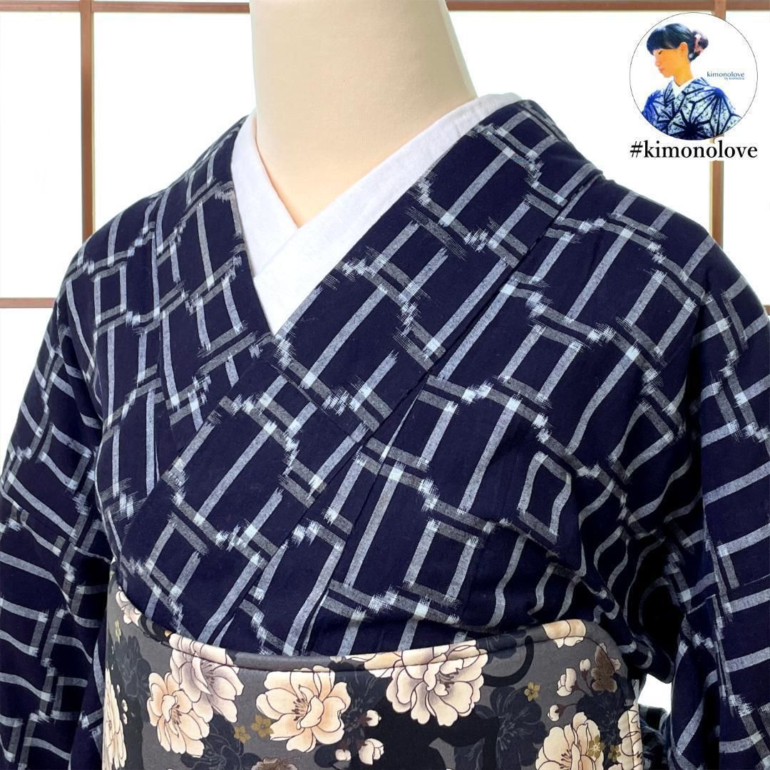 久留米絣 単衣着物 綿 幾何学柄 濃紺 ビンテージ着物 リユース品 A-2475