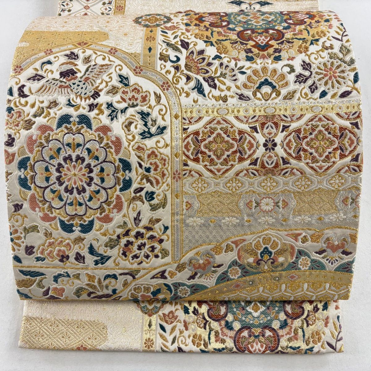 袋帯 美品 秀品 華文 花鳥 金糸 箔 クリーム 六通 正絹 【中古