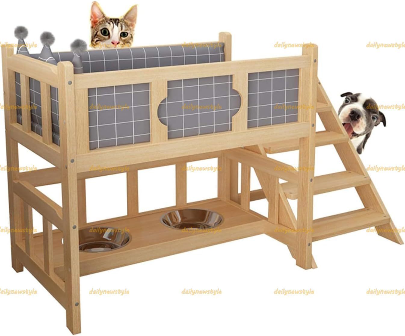人気推薦◆ペットベッド 木製大型犬ベッドペットフィーダー屋内屋外小型中型犬小屋用の取り外し なクッション|ステップ付きペットを育て