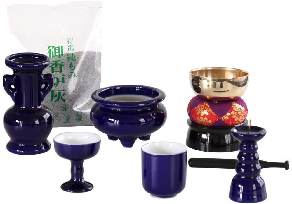 新着商品 仏具セット 瑠璃色 無地 ルリ 陶器 5点 おりんセット 香炉灰付 モダンミニ仏壇用