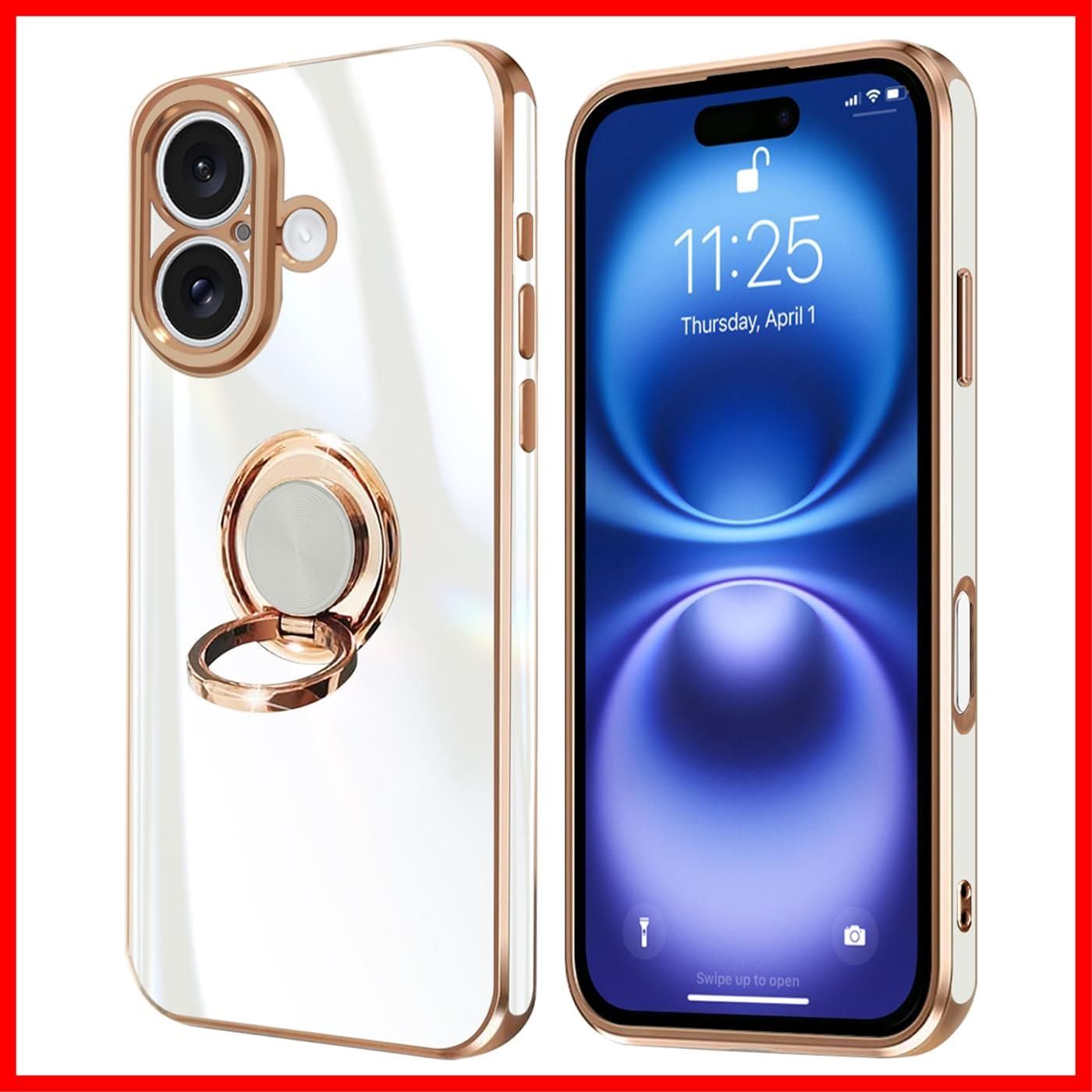 【即発送】TPU スマホケース 耐衝撃 全面保護 スタンド機能 カバー 車載スタンド対応 リング ストラップホール付き アイフォン16 リング付き 擦り傷防止 ケース メッキ加工 16 6.1インチ（ホワ iPhone ケース 耐衝撃 人気 ブルーブラック ケ