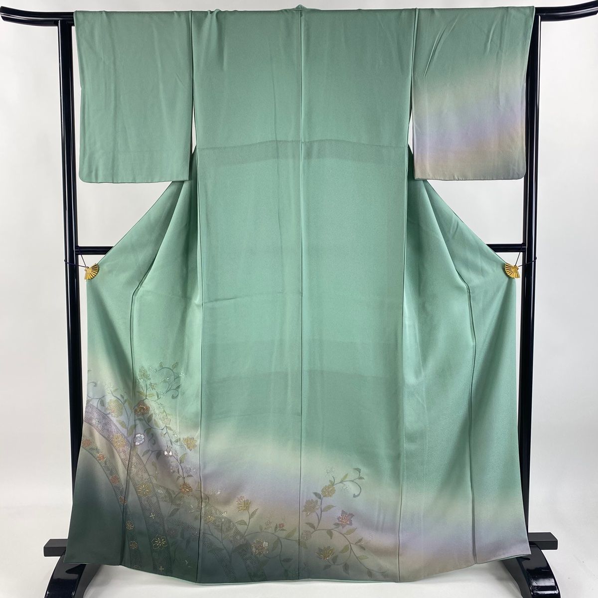 訪問着 身丈165cm 裄丈64cm M 袷 花唐草 草花 刺繍 金糸 薄緑 正絹 秀品